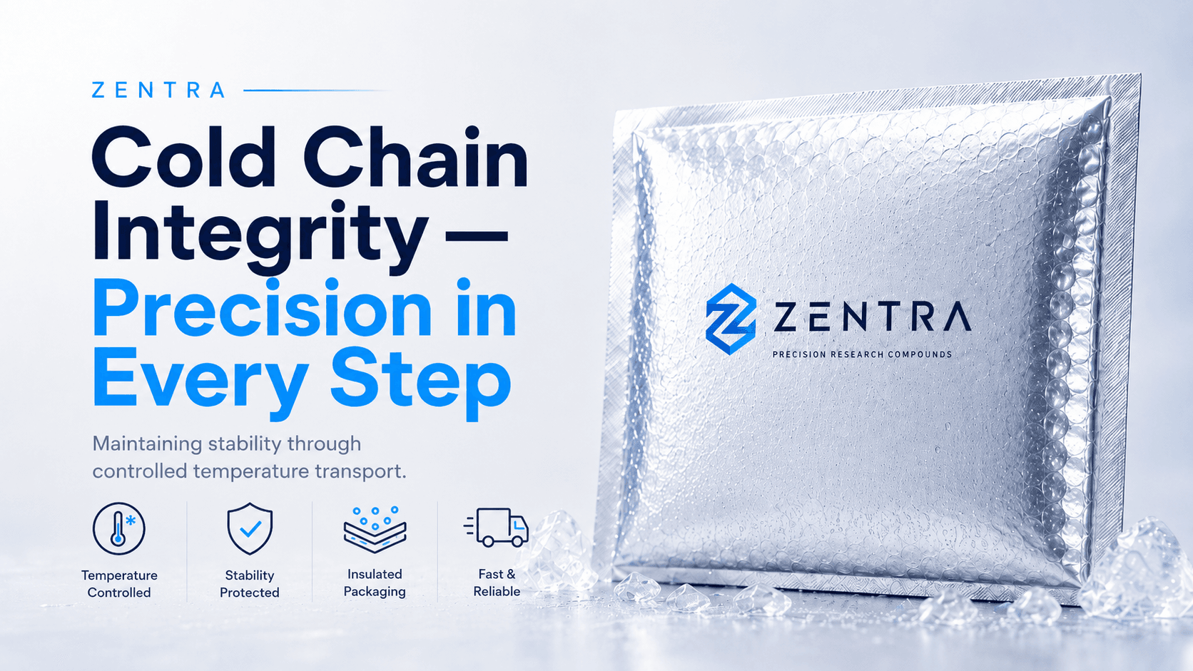 ZENTRA cold chain delivery artwork showing insulated packaging and ice